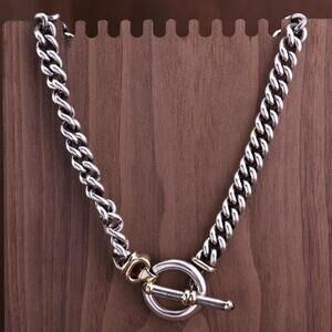 Vintage Heavy Sterling & Solid 14K Curb Chain with Garnet Toggle Necklace 16.5